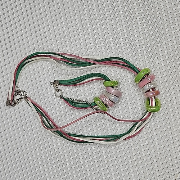 CHUNKY NECKLACE & BRACLET SET IN PINK. GREEN AND WHITE Ceramic - Picture 3 of 8